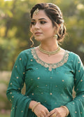 Emerald Green Silk Kurta Fabric with Golden Embroidery & Designer Neck Work – Festive Wear