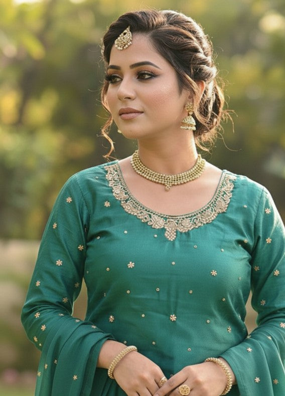 Emerald Green Silk Kurta Fabric with Golden Embroidery & Designer Neck Work – Festive Wear