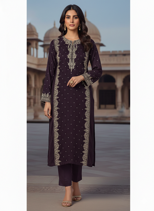 Regal Plum Embroidered Kurta
